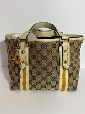 Gucci Monogram Canvas Tote Bag in Beige with Yellow Stripes